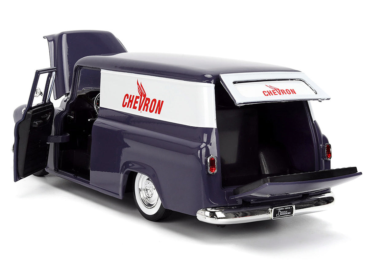 1957 Chevrolet Suburban "Chevron" Dark Blue with White Stripes and Chevron Gas Pump "Just Trucks" Series 1/24 Diecast Model Car by Jada