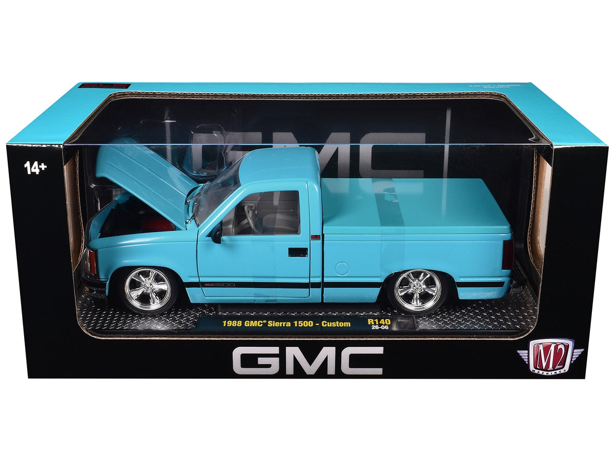1988 GMC Sierra 1500 Custom Pickup Truck Light Blue with Black Stripes Limited Edition to 9250 pieces Worldwide 1/24 Diecast Model Car by M2 Machines