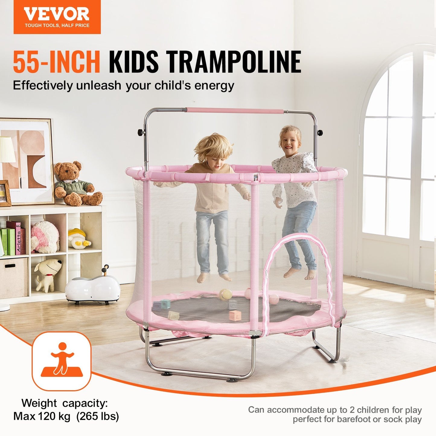 55" Kids Trampoline, 4.6FT Indoor Outdoor Trampoline, Mini Toddler Recreational Trampolinewith Safety Enclosure Net and Basketball Hoop, Birthday Gifts Christmas Toys for 3+ Years Children, Pink