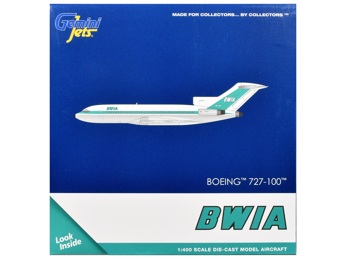 Boeing 727-100 Commercial Aircraft "British West Indian Airways" (9Y-TCO) White with Light Green Stripes 1/400 Diecast Model Airplane by GeminiJets