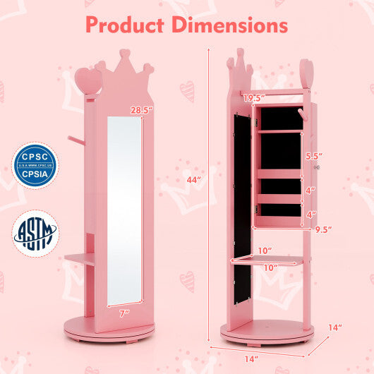 Free-Standing Full Length Mirror Kids Jewelry Armoire Cabinet-Pink - Color: Pink