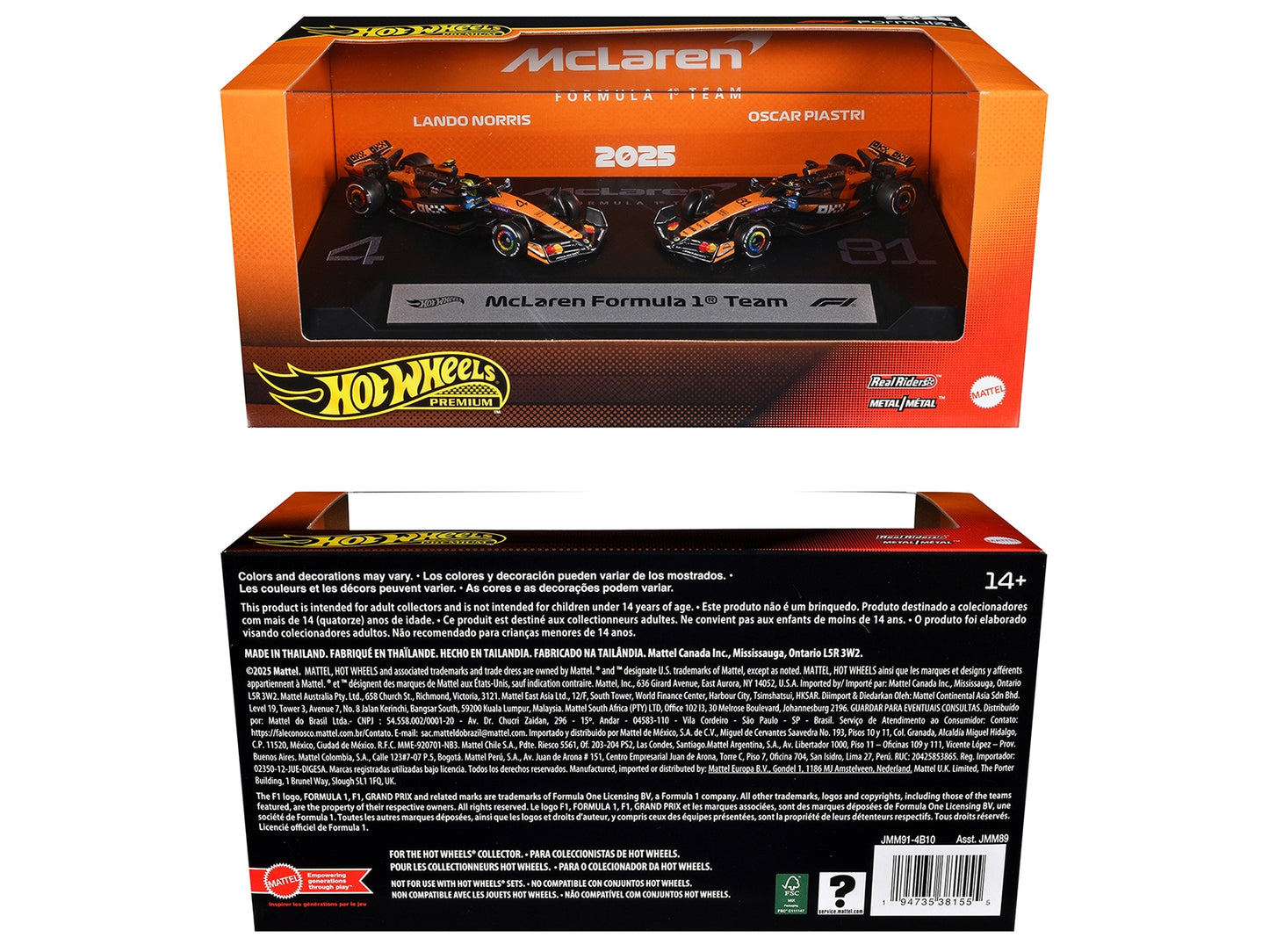 "McLaren Formula 1 Team" Formula One F1 World Championship (2025) 2 Piece Set Diecast Model Cars by Hot Wheels