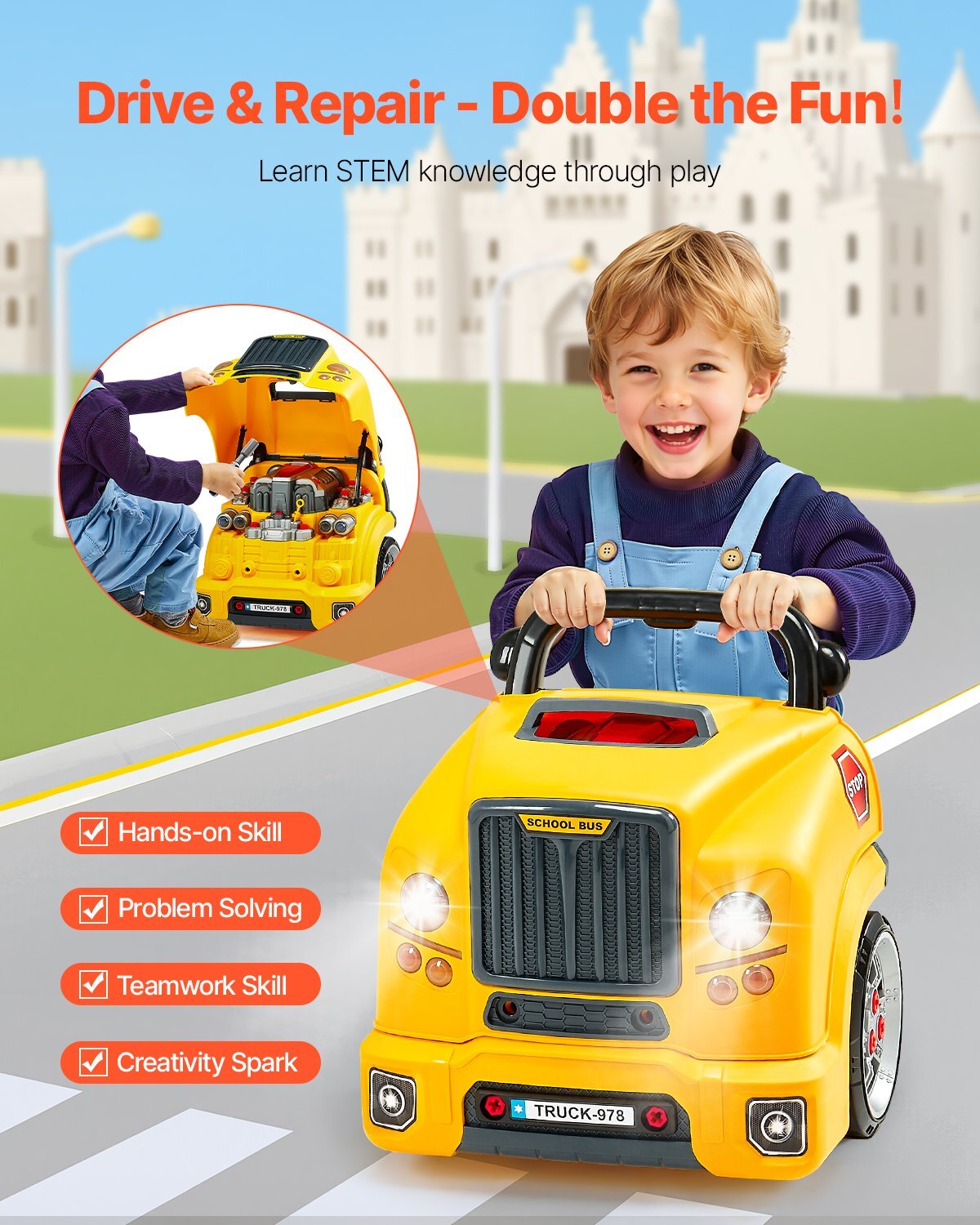 Engine Toy, 60 Pieces, Kids Mechanic Car Repair Set with Removable Parts, Lights and Sounds, Steering Wheel and Horn, Kids Mechanic Workshop Set for Toddler Ages 3 Years and Up, Yellow