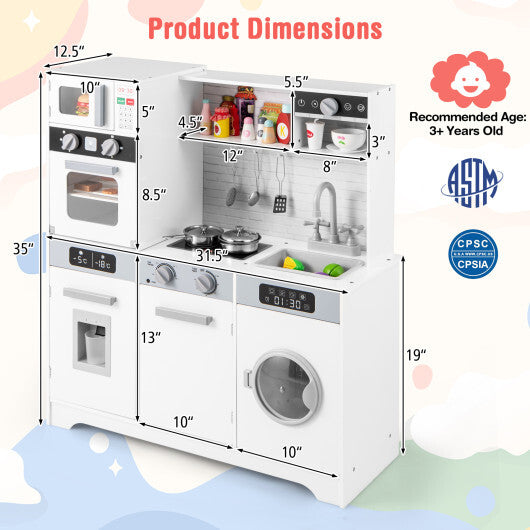 Pretend Play Kitchen Wooden Toy Set Kitchen Accessory Playset with Real Lights Sounds-White - Color: White