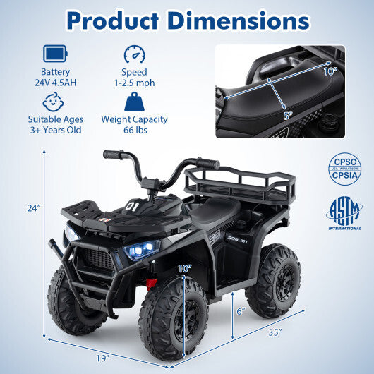 24V Kids Ride on Electric ATV Quad Car with Realistic Sounds and LED Lights-Black - Color: Black