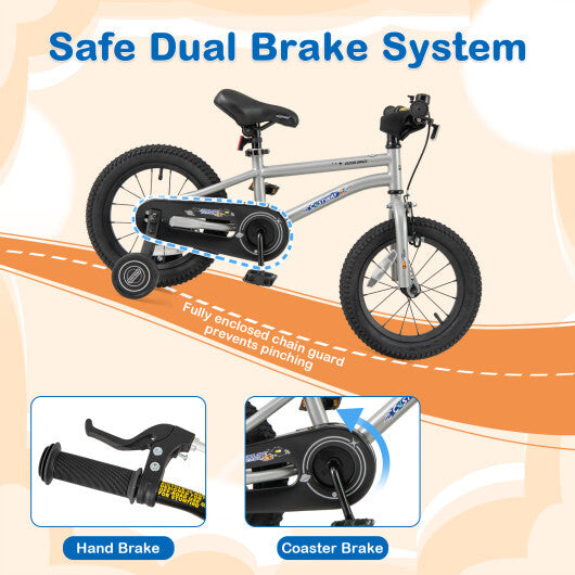 14-Inch Kids Bike Bicycle for Boys Girls 3-5 with High Carbon Steel Frame - Color: Silver - Size: 14 inches