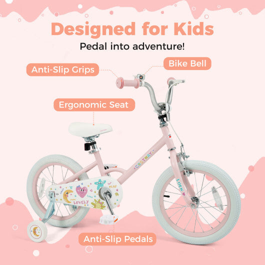 16 Inch Kids Bike Adjustable for 3-8 Years Old Children Pink - Stars & Moon - Color: Pink - Size: 16 inches
