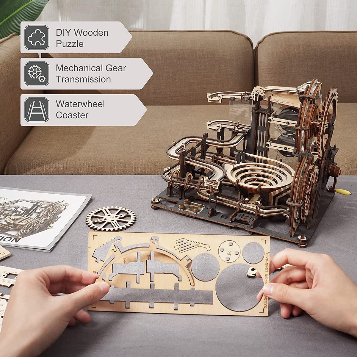 Robotime ROKR Marble Night City 3D Wooden Puzzle Games Assembly Waterwheel Model Toys