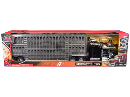 Kenworth W900 Truck Black with Pot Belly Livestock Chrome "Long Haul Truckers" Series 1/32 Diecast Model by New Ray