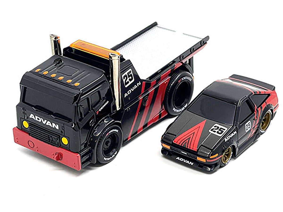 JDM Flatbed Truck & 1983-85 Toyota AE86 Trueno Sprinter 1/64 Diecast Set by Muscle Machines – Advan Livery Muscle Transports