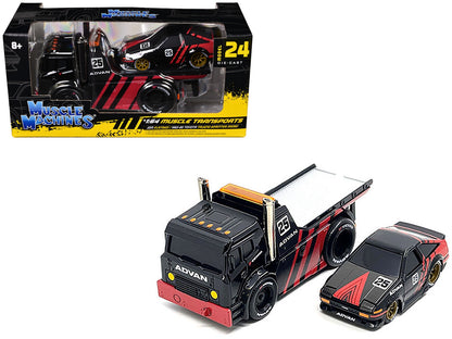 JDM Flatbed Truck & 1983-85 Toyota AE86 Trueno Sprinter 1/64 Diecast Set by Muscle Machines – Advan Livery Muscle Transports