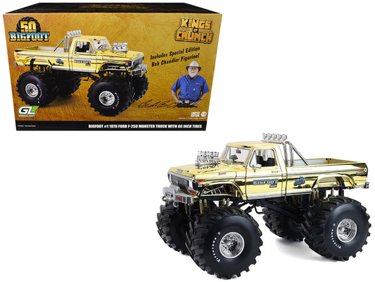 1979 Ford F-250 Monster Truck "Bigfoot #1 50th Anniversary" Gold Chrome with Bob Chandler Standing Figure "Kings of Crunch" Series 1/18 Diecast Model Car by Greenlight