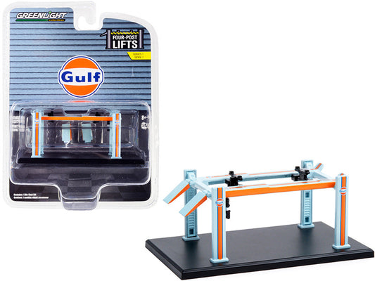 Adjustable Four-Post Lift "Gulf Oil" Light Blue and Orange "Four-Post Lifts" Series 1 1/64