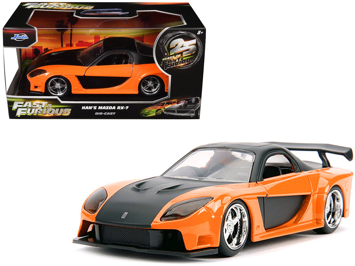 Han's Mazda RX-7 RHD Orange Metallic and Black 25 Years of Fast & Furious The Fast and the Furious: Tokyo Drift Movie Fast & Furious Series 1/32 Diecast Model Car