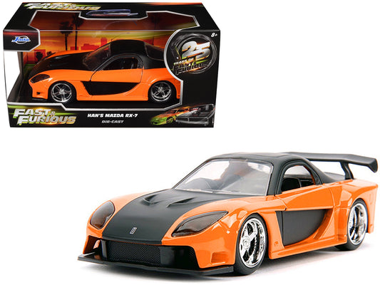 Han's Mazda RX-7 RHD Orange Metallic and Black 25 Years of Fast & Furious The Fast and the Furious: Tokyo Drift Movie Fast & Furious Series 1/32 Diecast Model Car