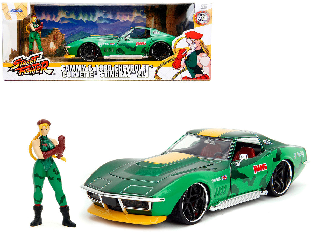 Jada 1/24 1969 Chevy Corvette Stingray ZL1 | Street Fighter Anime Hollywood Rides | Cammy Figure | Green Metallic