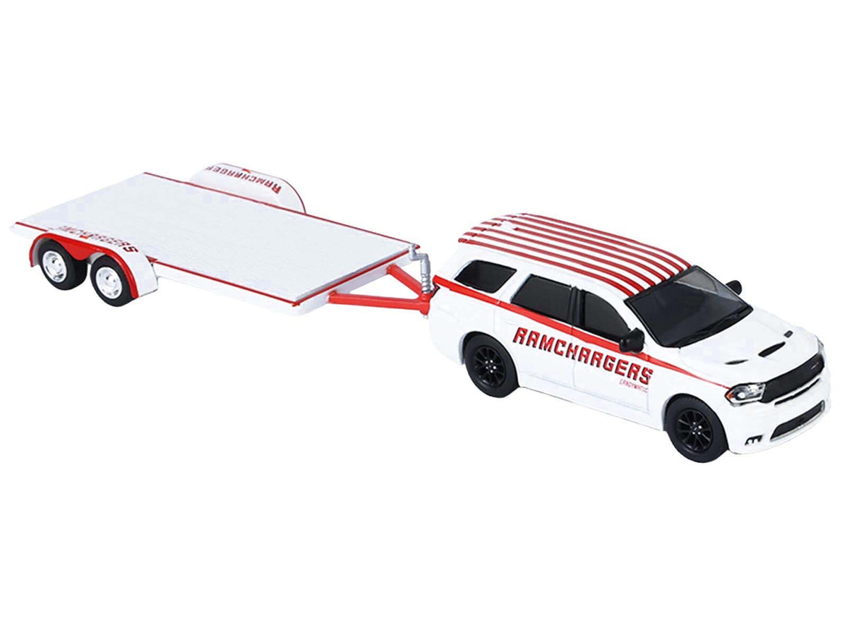 2018 Dodge Durango White with Red Stripes and 2021 Dodge Challenger SRT White with Red Stripes "Ramchargers" with Flatbed Trailer "Racing Hitch & Tow" Series 6 1/64 Diecast Model Cars by Greenlight