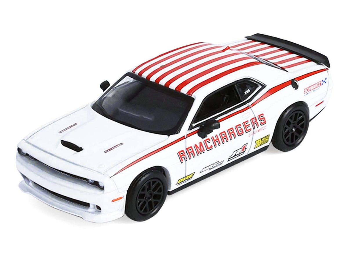2018 Dodge Durango White with Red Stripes and 2021 Dodge Challenger SRT White with Red Stripes "Ramchargers" with Flatbed Trailer "Racing Hitch & Tow" Series 6 1/64 Diecast Model Cars by Greenlight