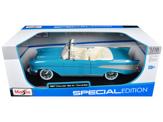 1957 Chevrolet Bel Air Convertible Blue/White Interior 1/18 Diecast Model Car by Maisto