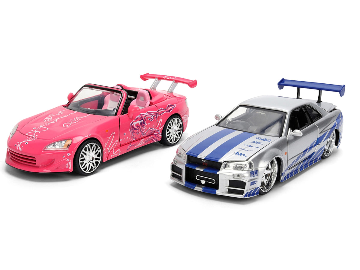 Brian's Nissan Skyline GT-R (R34) Silver Metallic with Blue Stripes and Suki's Honda S2000 Pink with Graphics Set of 2 Cars "Fast & Furious 25th Anniversary" "Fast & Furious" Series 1/24 Diecast Model Cars by Jada