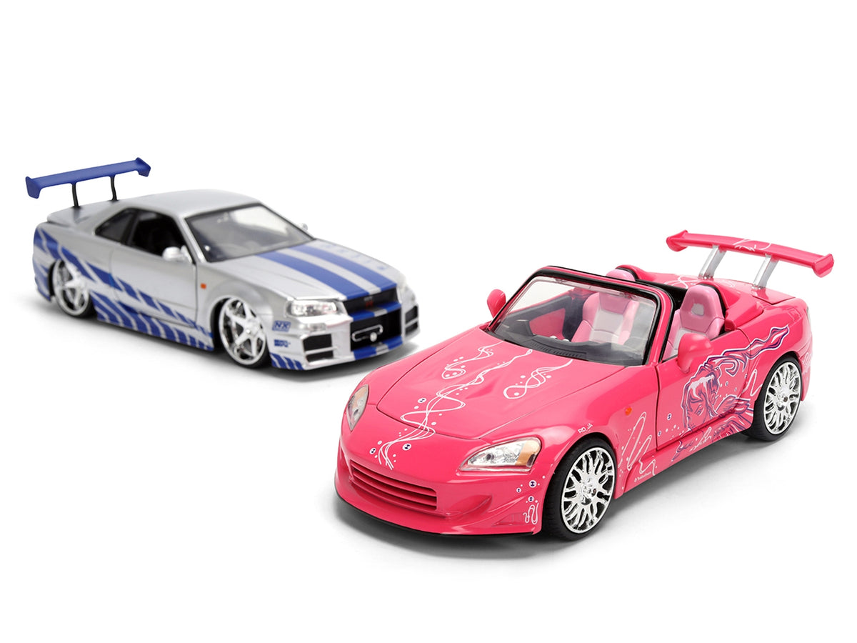 Brian's Nissan Skyline GT-R (R34) Silver Metallic with Blue Stripes and Suki's Honda S2000 Pink with Graphics Set of 2 Cars "Fast & Furious 25th Anniversary" "Fast & Furious" Series 1/24 Diecast Model Cars by Jada