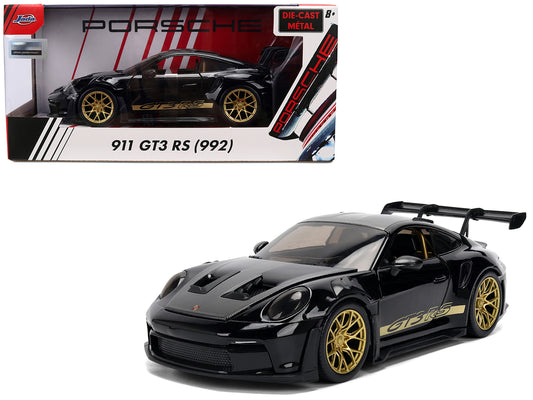 Porsche 911 (992) GT3 RS 1/24 Diecast Model by Jada – Black with Carbon Top, Hood Stripes & Gold Wheels Hyper-Spec