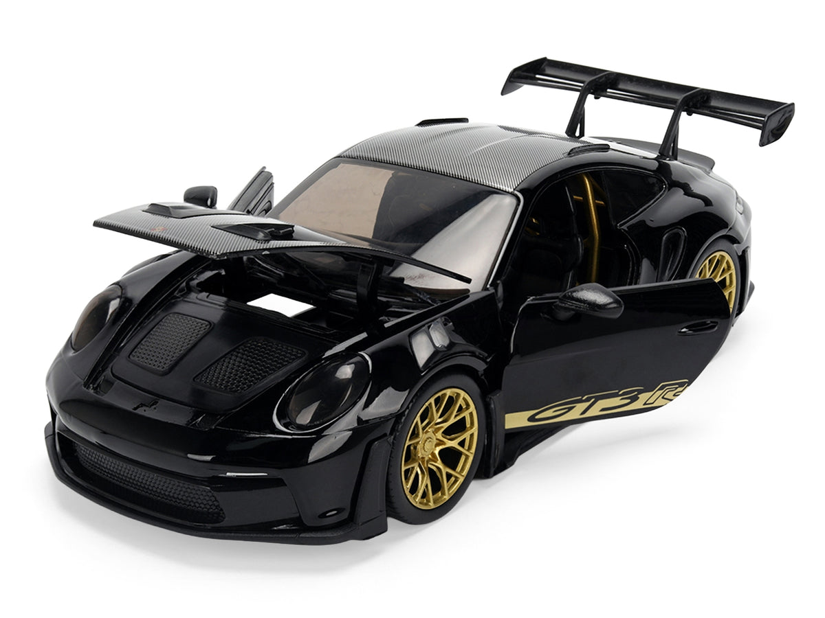 Porsche 911 (992) GT3 RS 1/24 Diecast Model by Jada – Black with Carbon Top, Hood Stripes & Gold Wheels Hyper-Spec