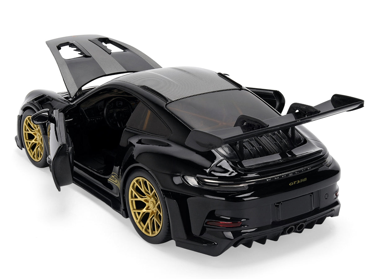 Porsche 911 (992) GT3 RS 1/24 Diecast Model by Jada – Black with Carbon Top, Hood Stripes & Gold Wheels Hyper-Spec