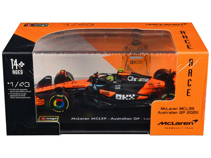 McLaren MCL39 #4 Lando Norris Winner Formula One F1 "Australian GP" (2025) with Display Case "Race" Series 1/43 Diecast Model Car by Bburago