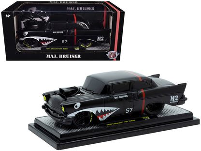 1957 Chevrolet 150 Sedan "Maj. Bruiser" Matt Black with Red Stripe and Shark Mouth Graphics Limited Edition to 6650 pieces Worldwide 1/24 Diecast Model Car by M2 Machines