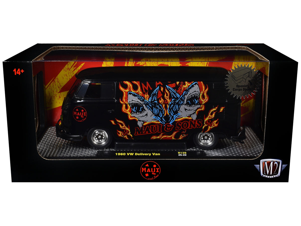 1960 Volkswagen Delivery Van "Maui & Sons" Black with Graphics Limited Edition to 4050 pieces Worldwide 1/24 Diecast Model Car by M2 Machines