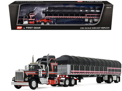 Kenworth W900A with 60" Aerodyne Sleeper and 53' Wilson Roadbrute Flatbed Trailer with Covered Wagon Black with Red Stripes 1/64 Diecast Model by DCP/First Gear