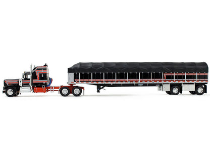 Kenworth W900A with 60" Aerodyne Sleeper and 53' Wilson Roadbrute Flatbed Trailer with Covered Wagon Black with Red Stripes 1/64 Diecast Model by DCP/First Gear