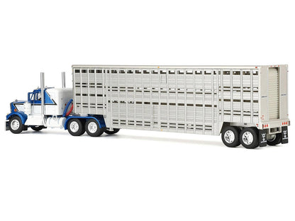 Kenworth W900A with 36" Sleeper and 45' Wilson Vintage Livestock Trailer Mariner Blue and White with Silver Trailer 1/64 Diecast Model by DCP/First Gear
