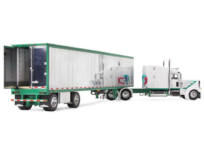 Peterbilt 389 with 63" Mid-Roof Sleeper and 53' Utility Trailer White with Green Stripes 1/64 Diecast Model by DCP/First Gear