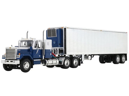 Chevrolet Bison with 34" Flat Top Sleeper & 40' Vintage Trailer with Reefer Blue and White 1/64 Diecast Model by DCP/First Gear
