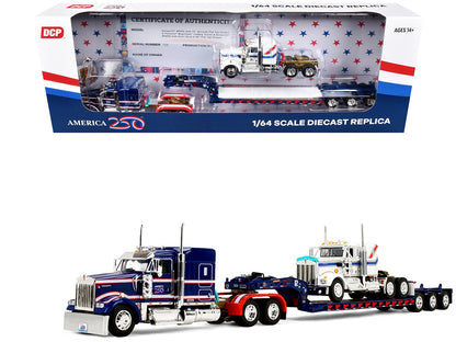 Kenworth W900L with 72" Aerocab Flat Top Sleeper Blue with White Stripes and Fontaine Magnitude Lowboy Trailer with Kenworth W900A Load White with Blue and Red Stripes "America 250" 1/64 Diecast Model by DCP/First Gear