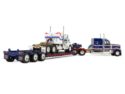 Kenworth W900L with 72" Aerocab Flat Top Sleeper Blue with White Stripes and Fontaine Magnitude Lowboy Trailer with Kenworth W900A Load White with Blue and Red Stripes "America 250" 1/64 Diecast Model by DCP/First Gear