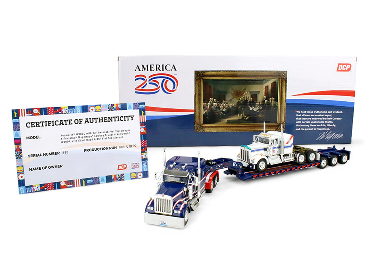 Kenworth W900L with 72" Aerocab Flat Top Sleeper Blue with White Stripes and Fontaine Magnitude Lowboy Trailer with Kenworth W900A Load White with Blue and Red Stripes "America 250" 1/64 Diecast Model by DCP/First Gear