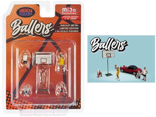 "Ballers" 5 piece Diecast Figure Set (4 Figures 1 Basketball Hoop) 1/64 Scale Models by American Diorama