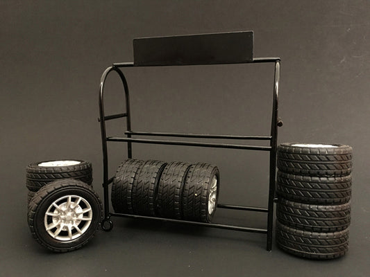Metal Tire Rack with Rims and Tires for 1/18 Scale Models