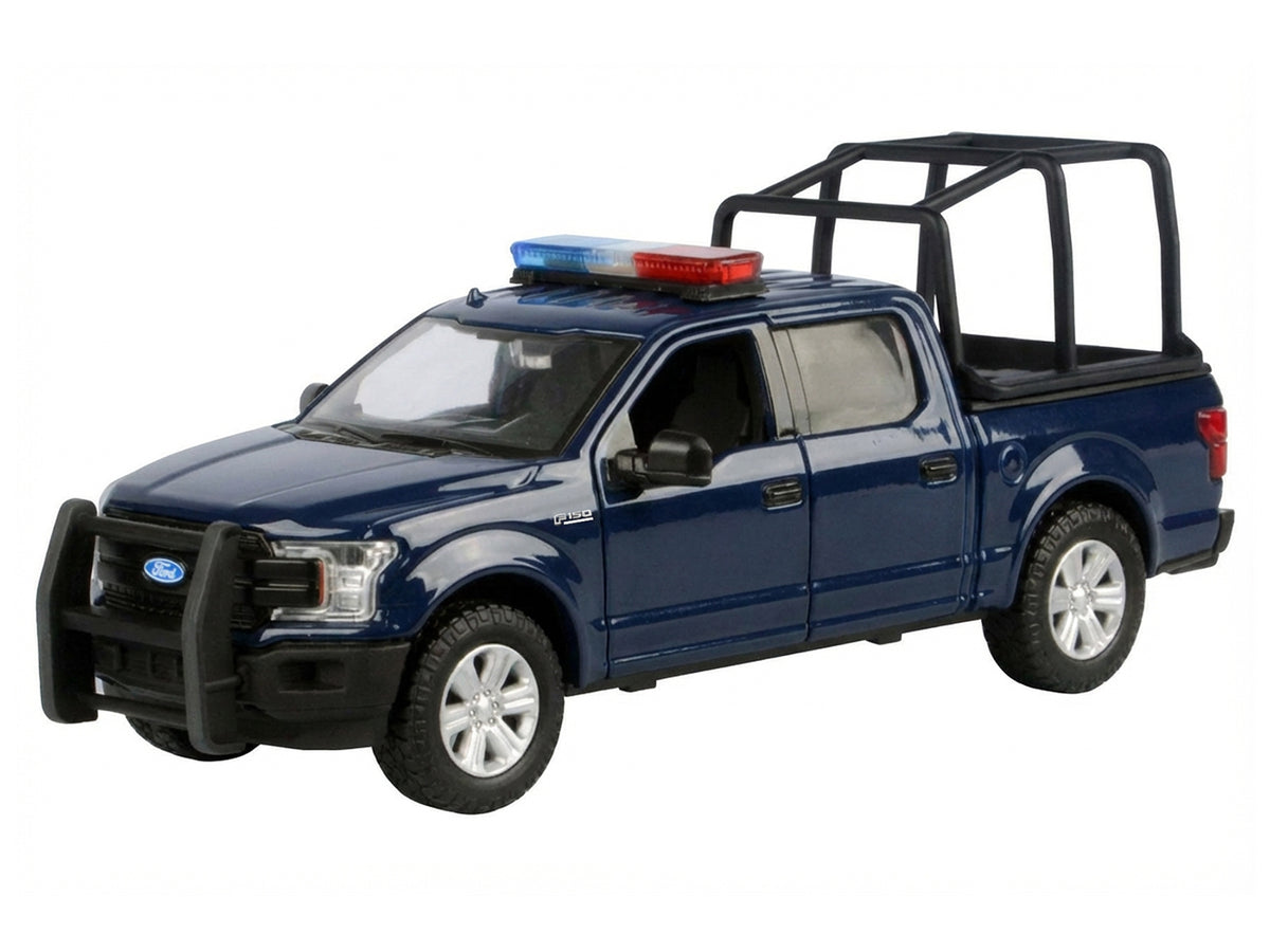 2019 Ford F-150 Lariat Crew Cab Pickup Truck with Bed Cage Dark Blue with Flashing Light Bar and Front and Rear Lights and Sounds 1/24-1/27 Diecast Model Car by Motormax