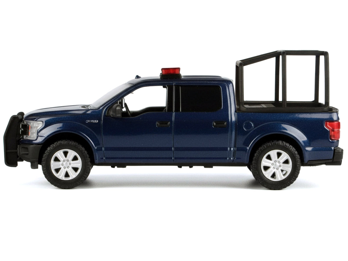 2019 Ford F-150 Lariat Crew Cab Pickup Truck with Bed Cage Dark Blue with Flashing Light Bar and Front and Rear Lights and Sounds 1/24-1/27 Diecast Model Car by Motormax