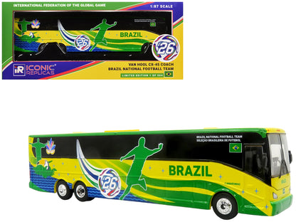 Van Hool CX-45 Coach Bus "Brazil National Football Team" Yellow and Green with Graphics "International Federation of the Global Game" Series Limited Edition to 504 pieces Worldwide 1/87 (HO) Diecast Model by Iconic Replicas