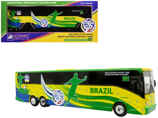 Van Hool CX-45 Coach Bus "Brazil National Football Team" Yellow and Green with Graphics "International Federation of the Global Game" Series Limited Edition to 504 pieces Worldwide 1/87 (HO) Diecast Model by Iconic Replicas