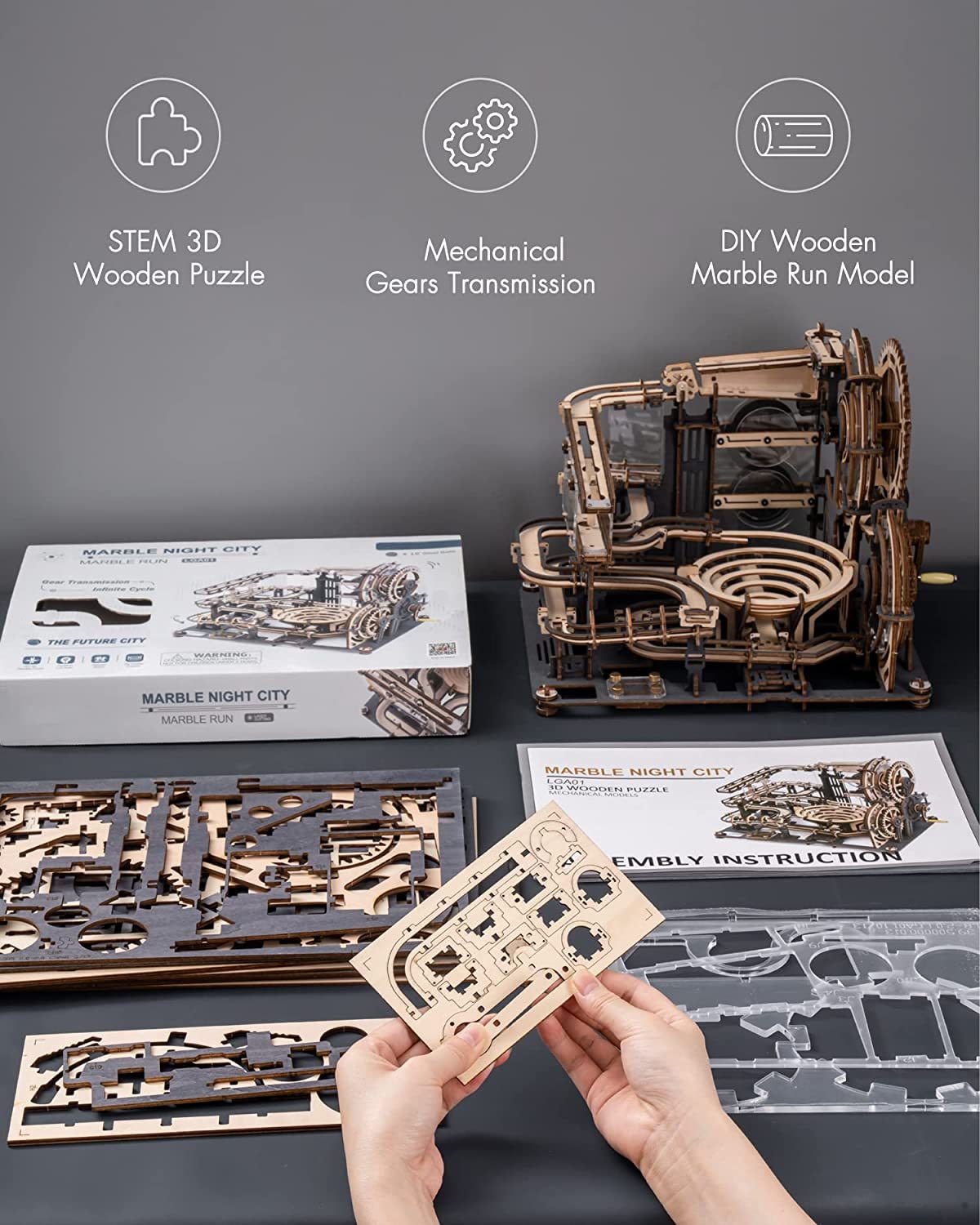 Robotime ROKR Marble Night City 3D Wooden Puzzle Games Assembly Waterwheel Model Toys