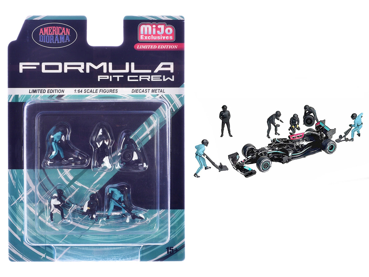 "Formula Pit Crew - Team Black" 6 piece Diecast Figure Set (6 Figures) Limited Edition for 1/64 Scale Models by American Diorama