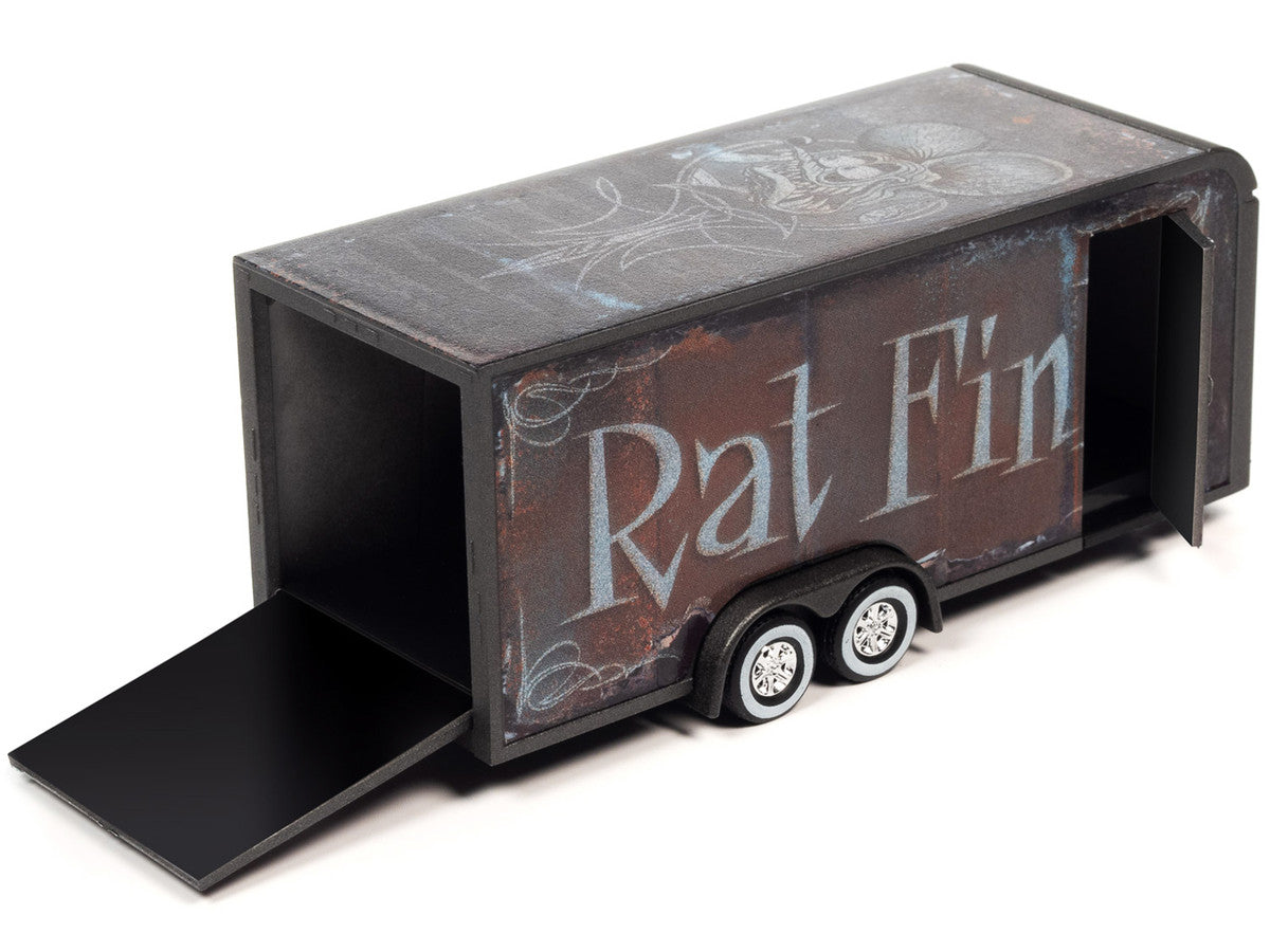 4-Wheel Enclosed Car Trailer Dark Gray with Graphics "Rat Fink" 1/64
