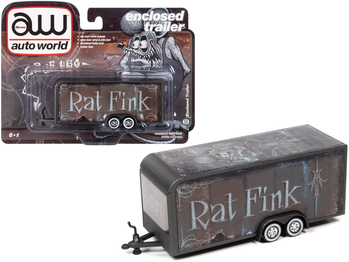 4-Wheel Enclosed Car Trailer Dark Gray with Graphics "Rat Fink" 1/64