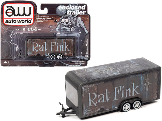 4-Wheel Enclosed Car Trailer Dark Gray with Graphics "Rat Fink" 1/64